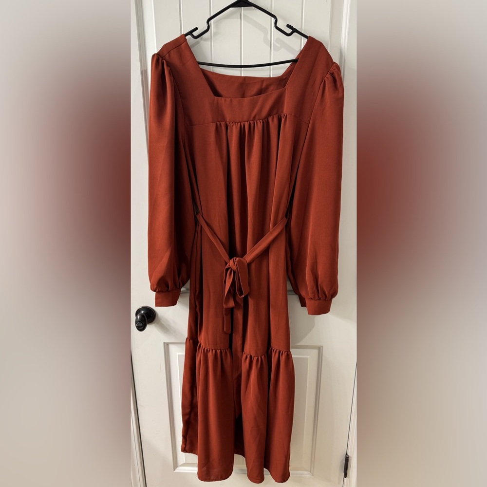 Elegant Rust Dress with Tie Waist